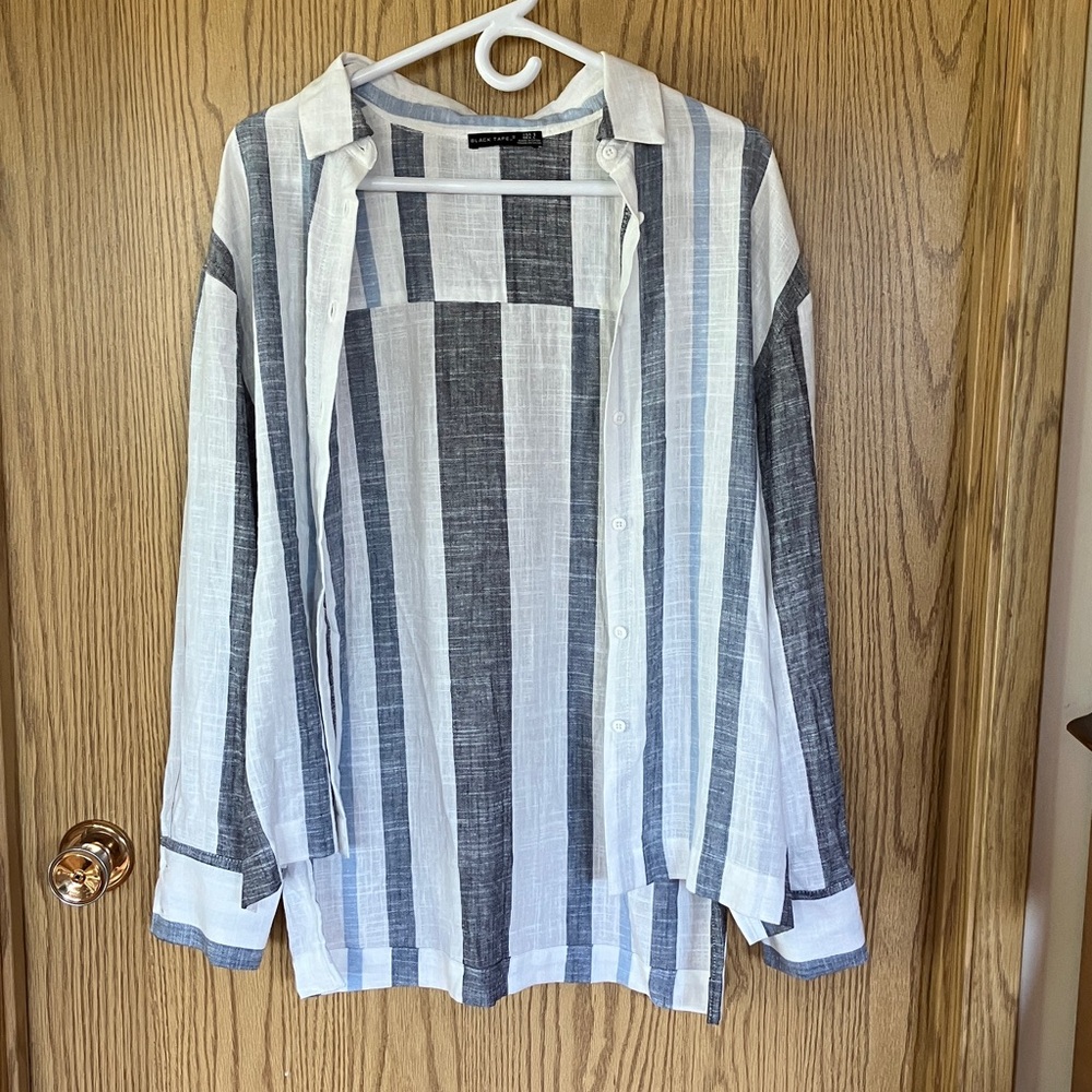 Black Tape_ Vertical Striped Lightweight Shirt - White, Gray, and Blue